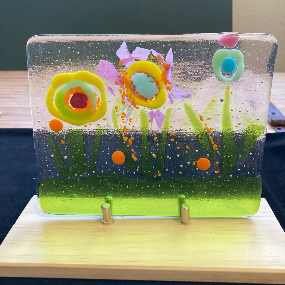 Handmade Spring Flowers Art Panel 7”x5.5” Includes a wooden base 8.5” Original